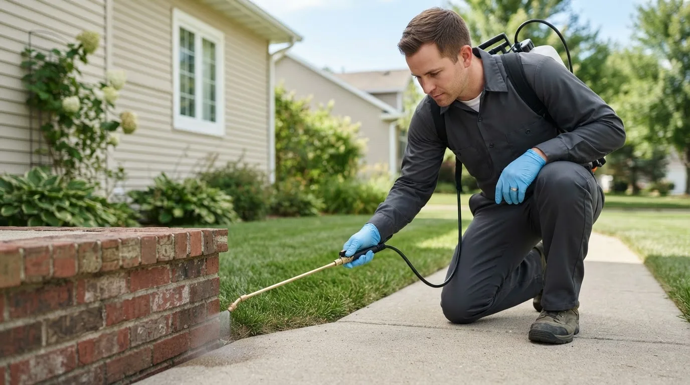 Pest control technician treating a home near Tussy, OK
