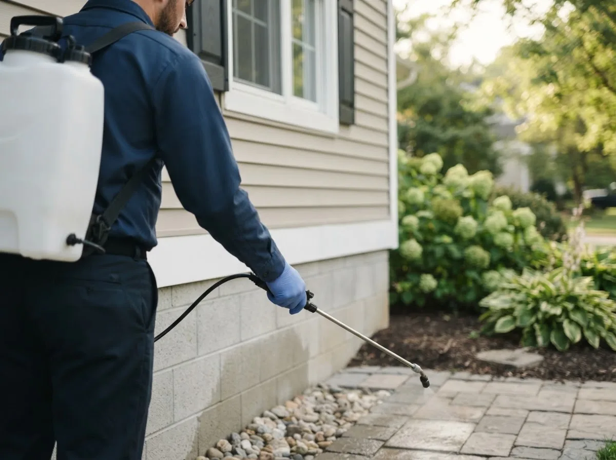 Pest control technician inspecting a home in Tussy, OK